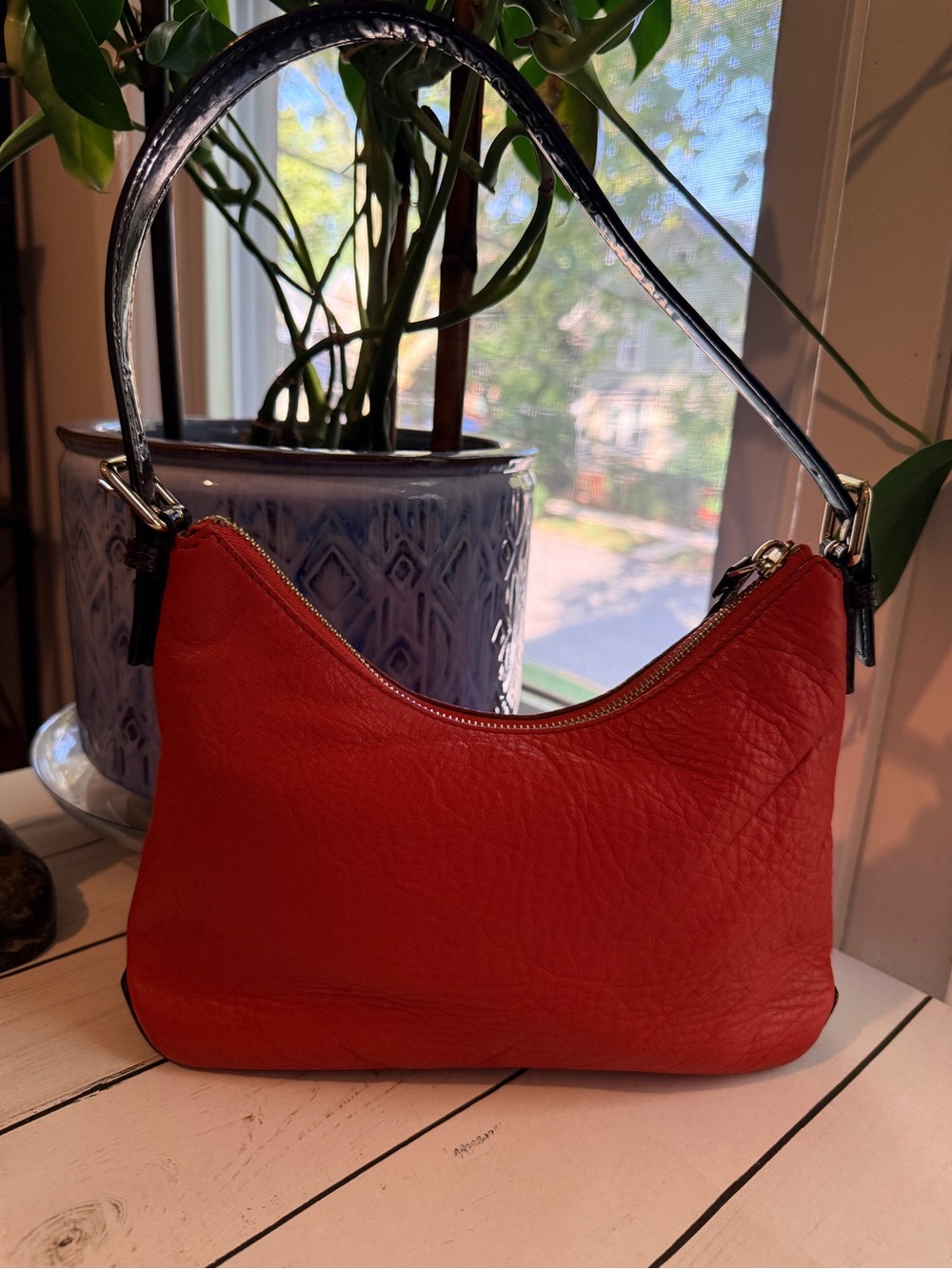 Kate Spade | Red Pebbled Leather Mini Hobo Bag with Black/Brown Patent Trim - Picture 3 of 14